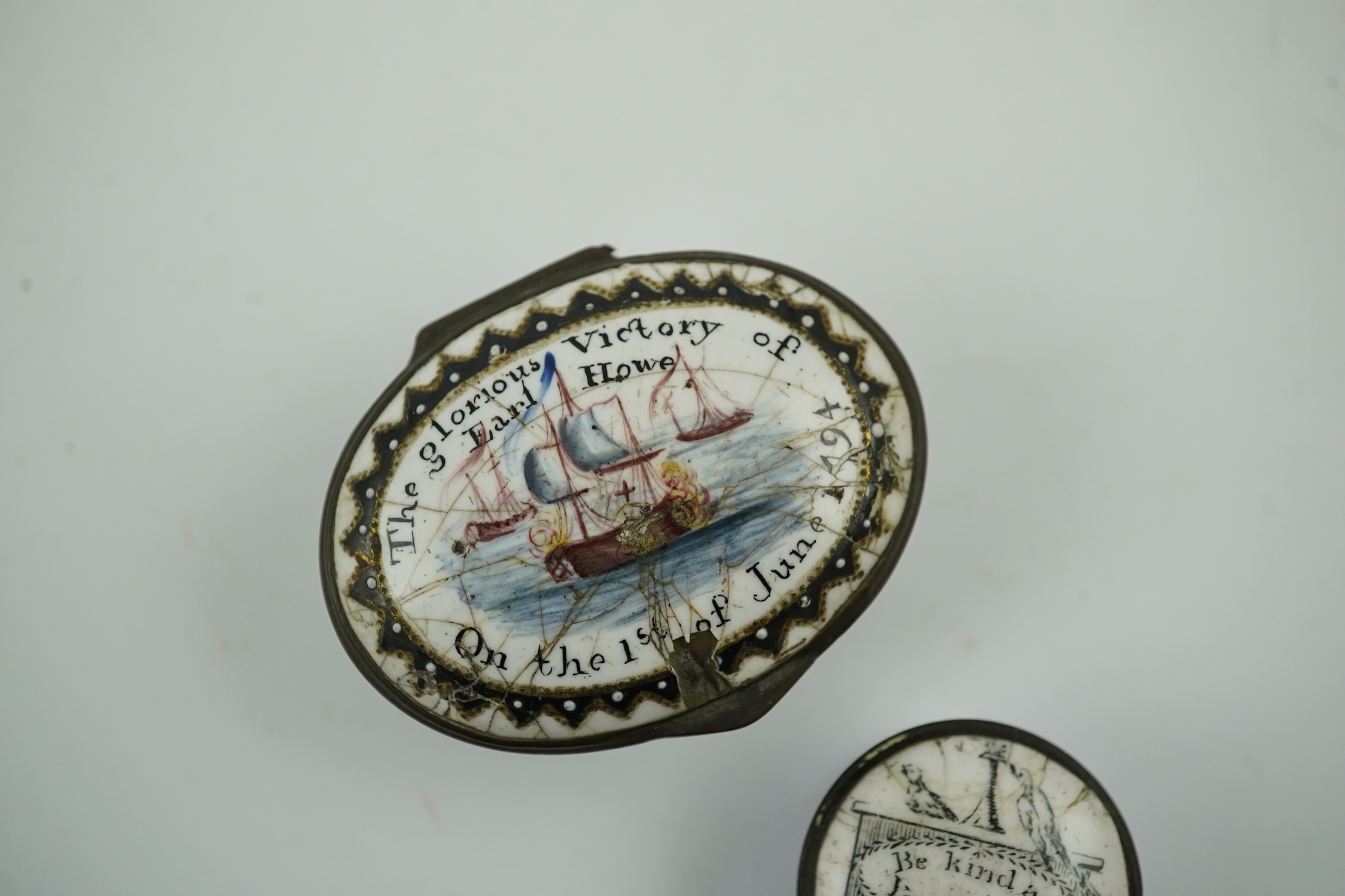 Two 18th century South Staffordshire enamel patch boxes, one inscribed 'The Glorious Victory, Earl Howe, on the 1st of June 1794', the other 'Be Kind as You are Fair', largest 5cm wide. Condition - enamel chipped